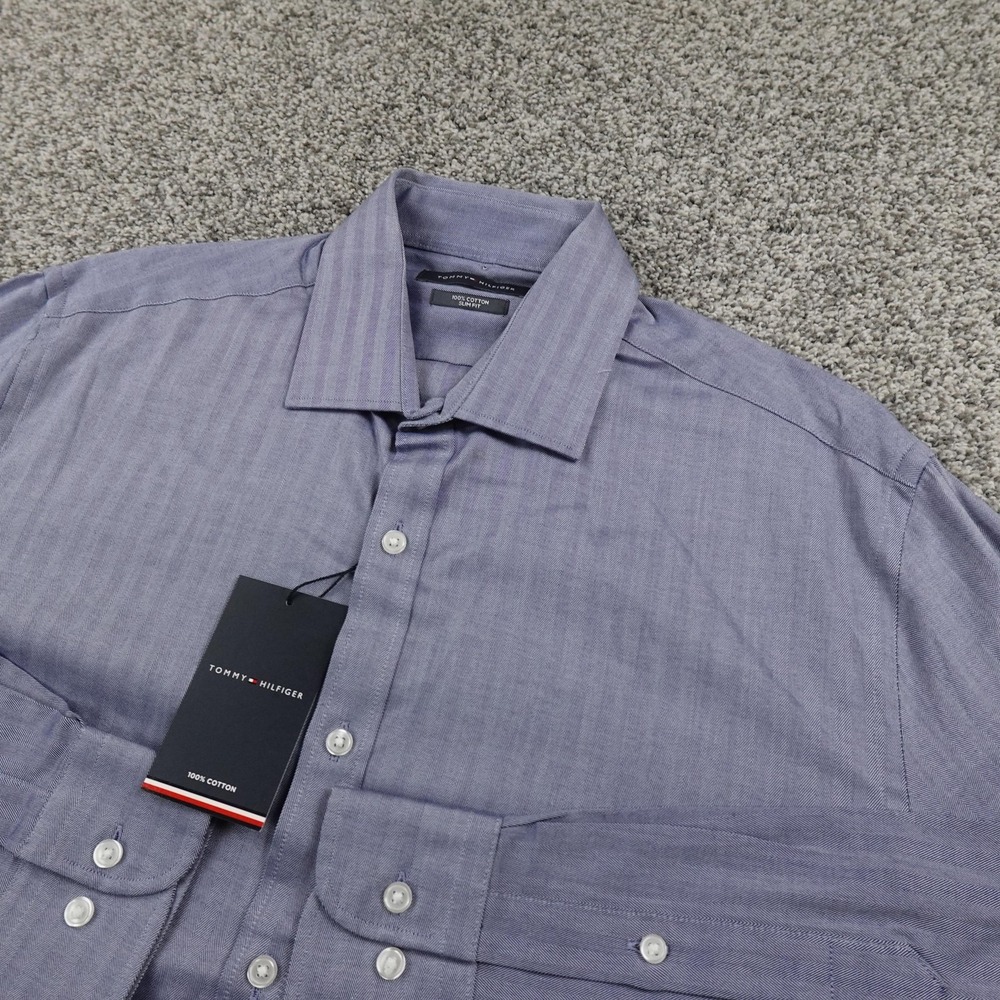 NEW Tommy Hilfiger Shirt Mens 16 34/35 L Blue Chambray Herringbone Long Sleeve